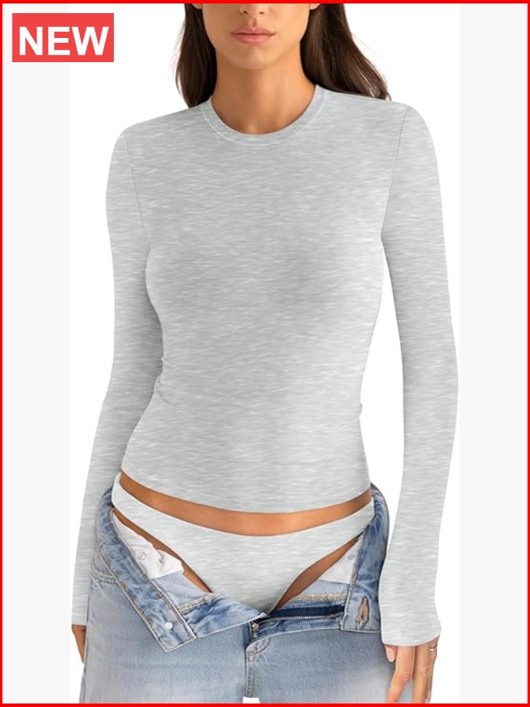 Fitted Cotton Long Sleeve Crop Top Crew Neck Stretchy Tee